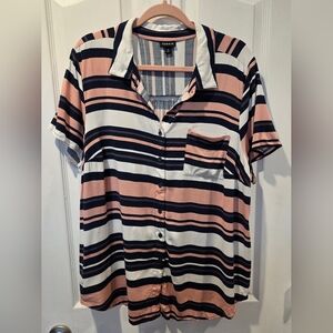 Torrid Casual Striped Button-Down Shirt in Pink, Navy, and White